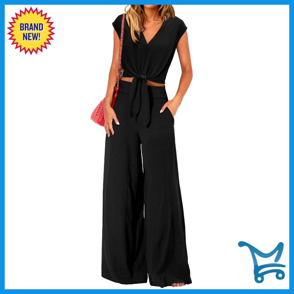 Women's Two Piece Pant Set V Neck Crop Top Wide Leg Palazzo Casual Tracksuit